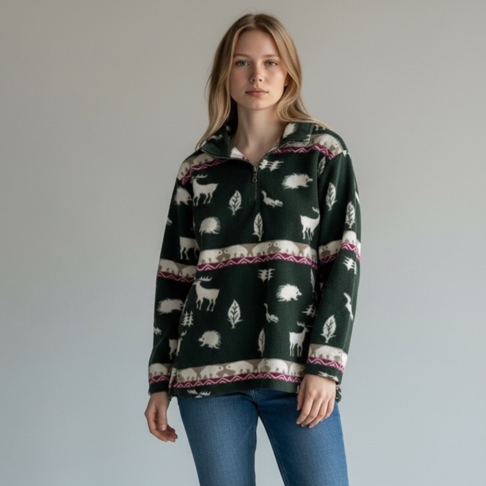 Vintage American Weekend Forest Green Animal Fleece Jacket